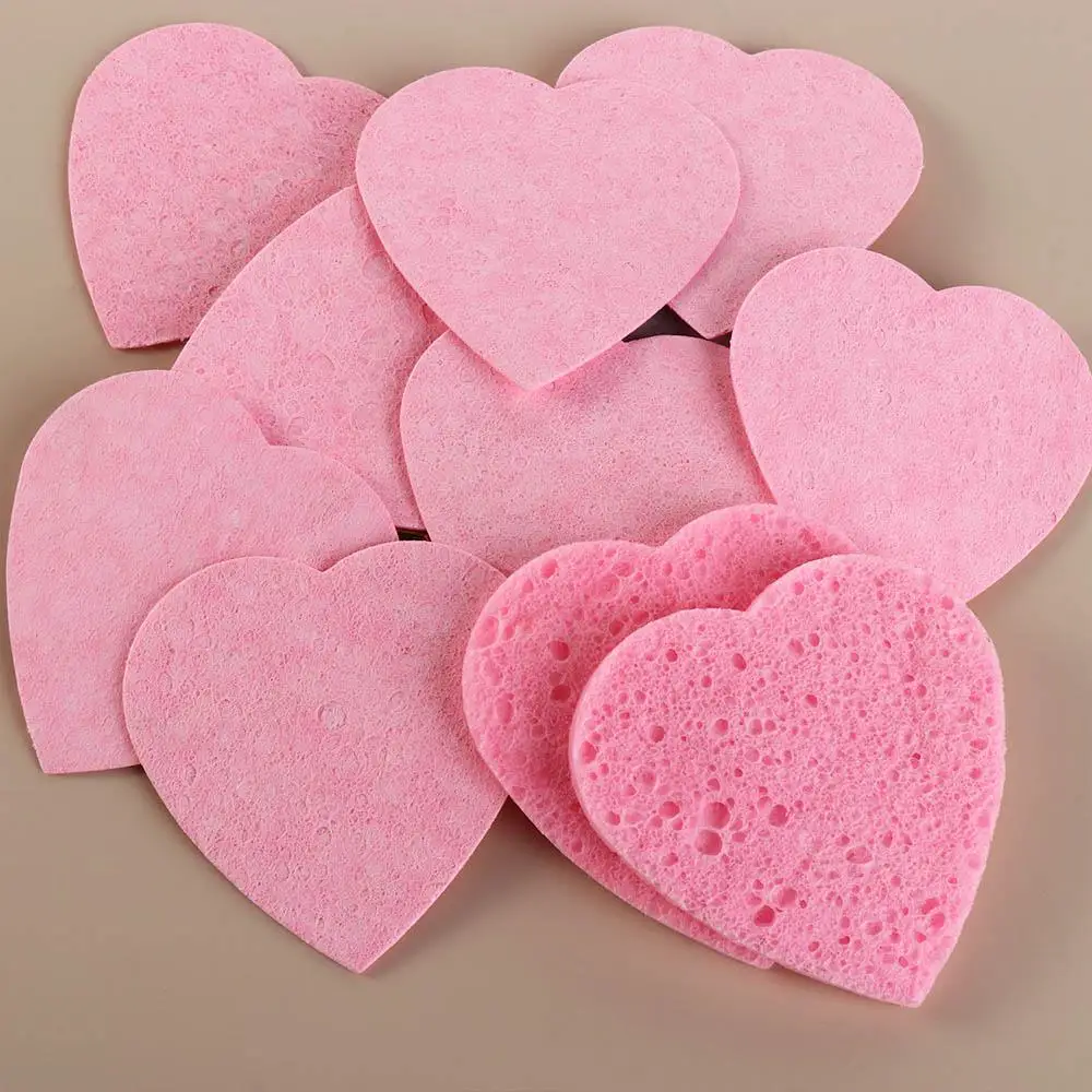 10 Pieces Pink Cosmetic Puff Heart Shaped Natural Makeup Remover Tool 7mm Face Washing Cleansing Sponge Compressed Sponge Women