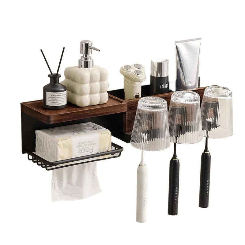 

Walnut Toothbrush Shelf Toilet Bathroom Wash Sink No Punching Face Wash Tissue Mouth Cup Shelf toothbrush holder wall
