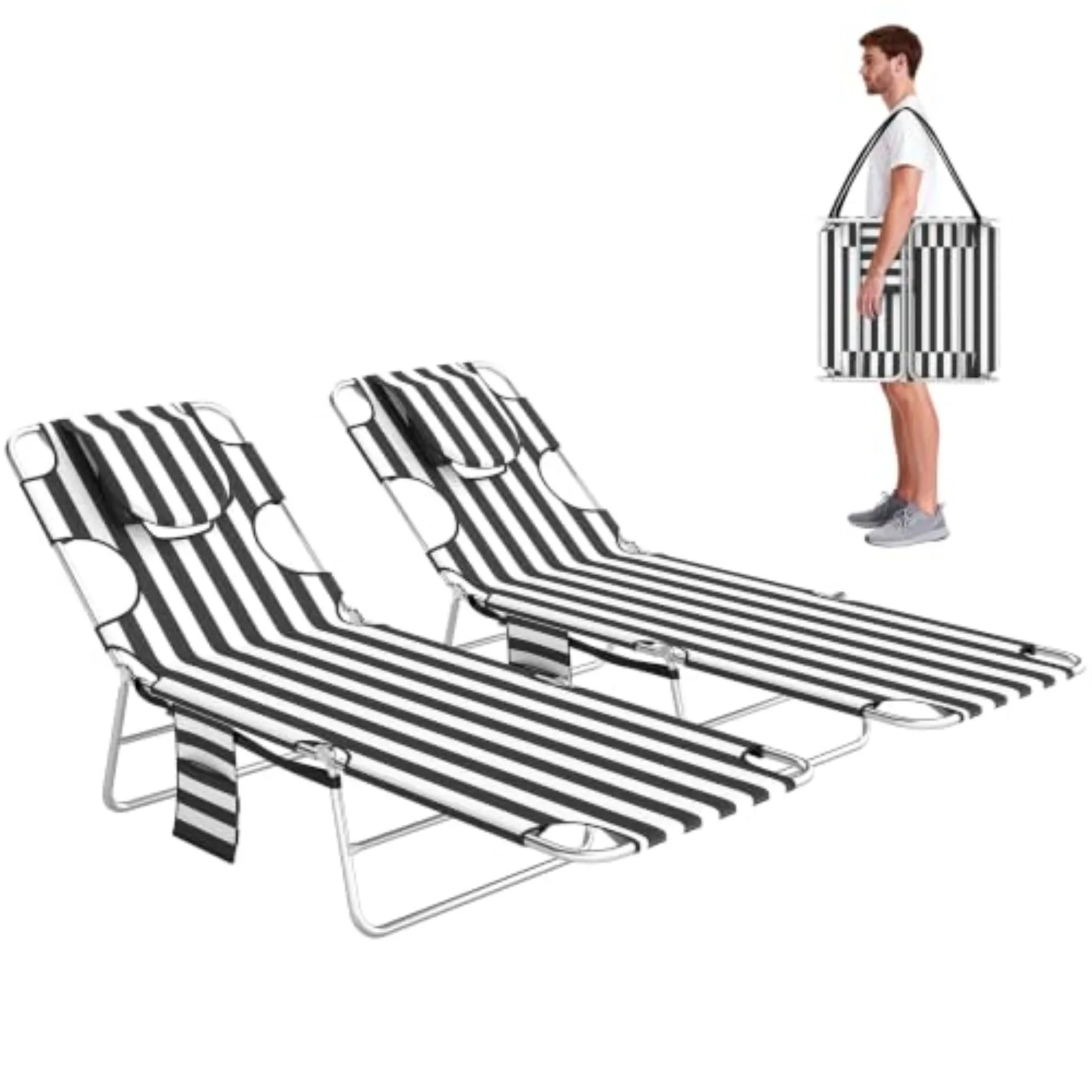 Chaise Lounge Chairs Set of 2 Outdoor Face Arm Hole Black Stripe | 5-Position Reclining Face Down Tanning Chairs, Carry