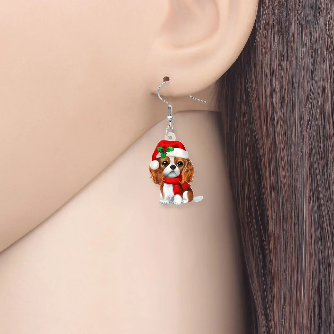 WEVENI Christmas Acrylic Cute Cavalier King Charies Spaniel Dog Puppy Drop Dangle Earrings For Women Girls Kids Pets Gifts