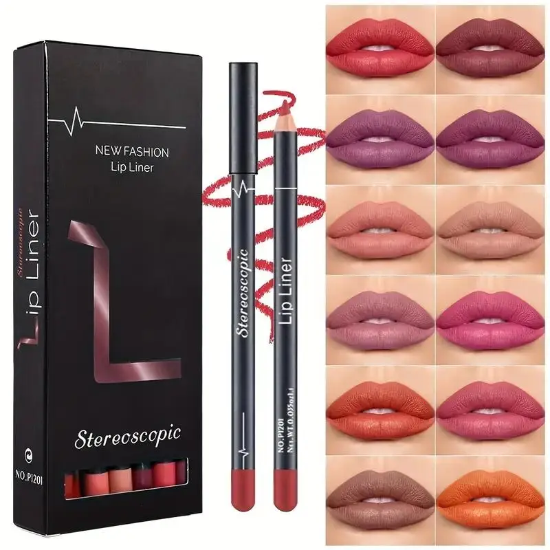 Long Lasting Matte Lip Liner Set, 12pcs/set Waterproof & Sweatproof Lip Liner Pencil, Suitable for All Skins, Ideal Gift for Gir