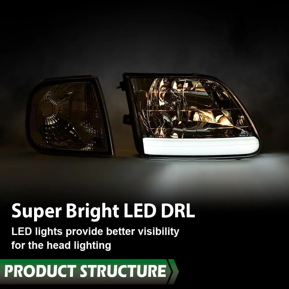 مجموعة مصابيح أمامية وإضاءة ركن السيارة الأمامية طراز LED متوافقة مع 1997-2002 Ford Expedition/1998-2004 Ford F150/1997-1999 F25