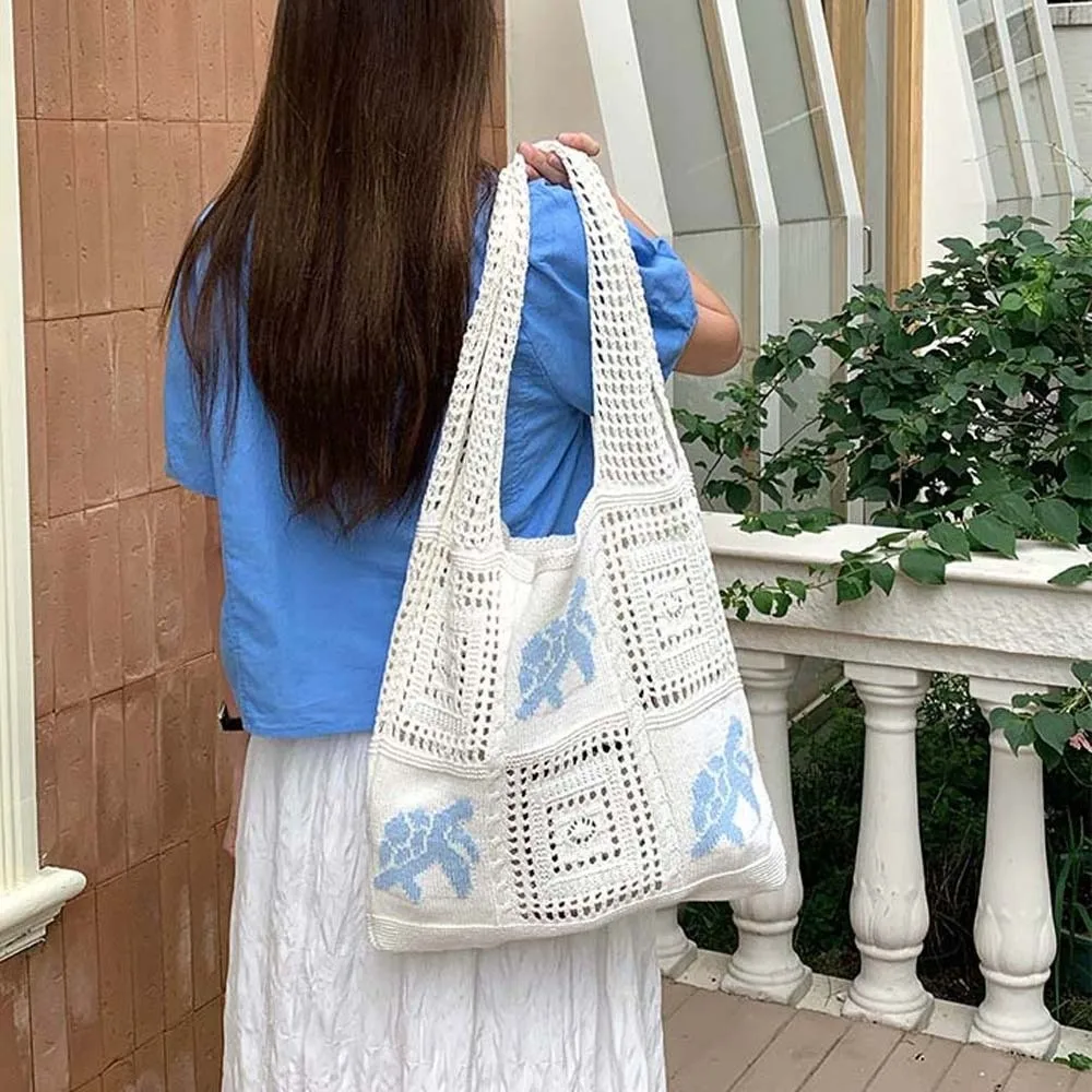 

Large Capacity Crochet Tote Bag Embroidered Korean Style Hollow Woven Bag Lightweight Turtle Knitting Handbag Spring