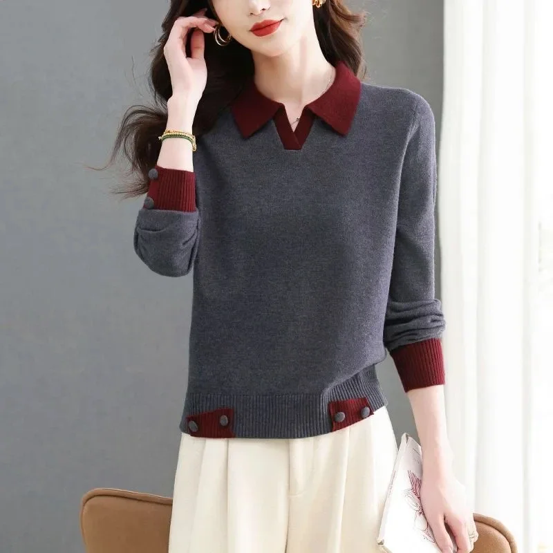 

Women's Collared Short Loose Pullover Color Block Sweater Inner Wear Knit Undershirt Wool Sweater Autumn Winter New Style Top