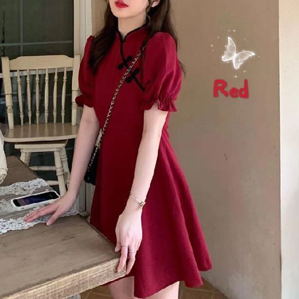 Dress Women Dress Daily Holiday Vacation Spring Women Chinese Style Elegant Mini No Elasticity Polyester Puff Sleeve