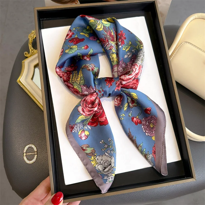 70*70cm Silk Square Scarf Women Soft Flowers Print Hairband Foulard Neckerchief Hijab Tie Bag Ribbon Headband Fashion Decoration