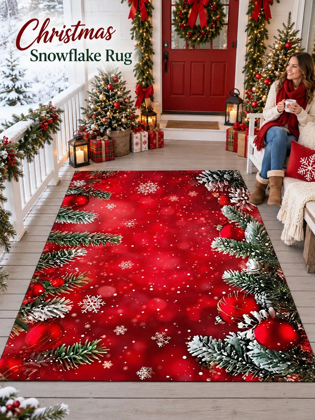 Christmas Rug Pine Branches Baubles Snowflakes Floor Decor Carpet Living Room Bedroom Dining Area Entryway Apartment Cabin Winter Home Styling Beside Sofa Bed Housewarming Birthday Gift for Parents Friends Neighbors Sisters Holiday Celebrations