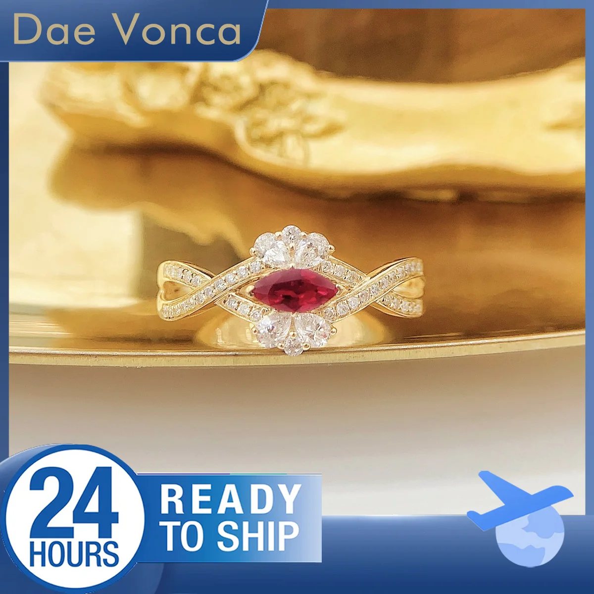 

Center Stone Merquise Cut Natural Ruby Accented By Pear And Round Diamond Ring 18K Yellow Gold Interlocking Shank Ring