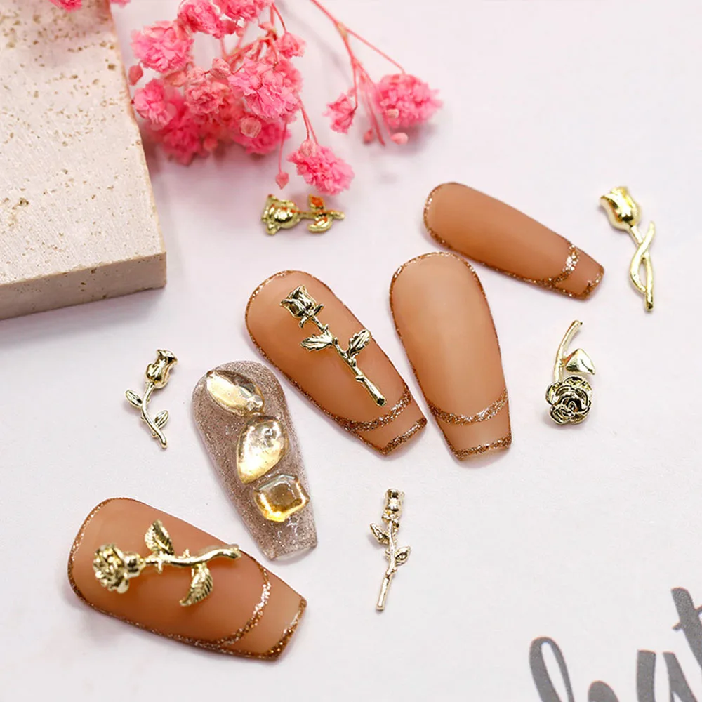 

10PCS/Bag 3D Alloy Rose Flower Nail Art Charms Gold/Silver DIY Accessories Luxury Metal Ornament Jewelry Nail Decorations