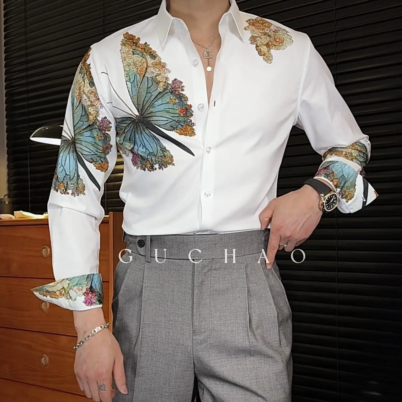 Autumn Winter Style Rhinestone Casual Versatile Fashionable Slim Fit Shirt Man Print Fashion Tops Butterfly Chic Male Clothes