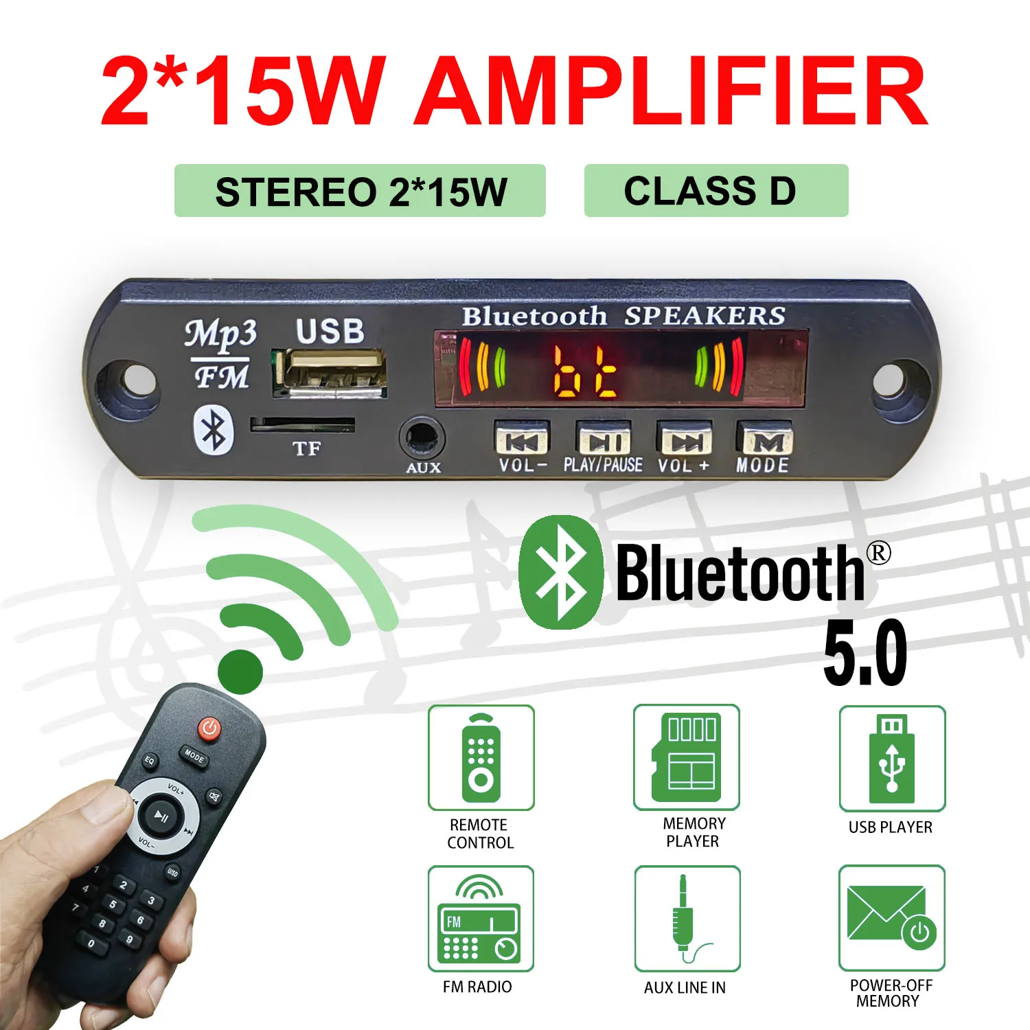 DC 5V-32V 30W Bluetooth 5.0 Receiver Amplifier Board MP3 Decoder Player FM Radio TF USB 3.5mm AUX Module Car Audio kit