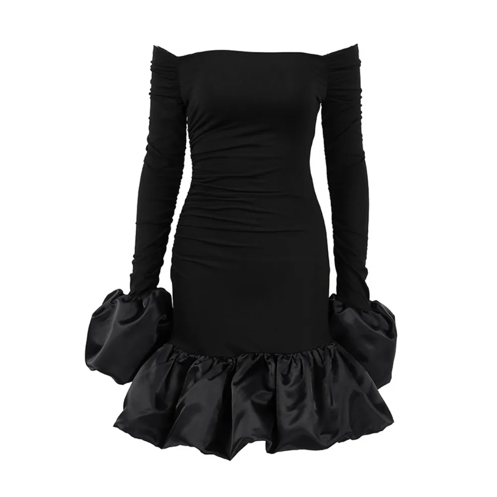 TWOTWINSTYLE 블랙 시크 빈티지 오프숄더 미니 드레스 여성용 새틴 퍼프 소매 슬림핏 러플 밑단 고급 디너용