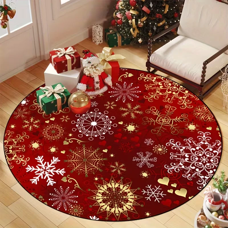 Round Red Snowflake Xmas Element Area Rug Non Slip Christmas Holiday Decor Mat Indoor Bedroom Soft Floor Carpet