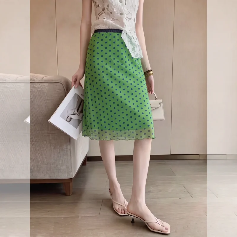 Summer  Green Polka Dot Halter Neck  Dress Women's High Waist Casual Wrap Style Skirt Super Beautiful