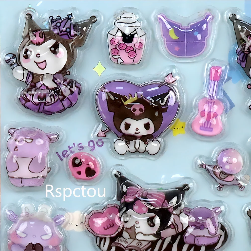 4 pçs cinnamoroll kuromi melodia 3d alívio adesivos kawaii sanrio decalques de cristal bonito dos desenhos animados decoração bolha adesivo presentes