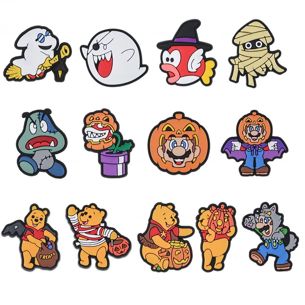 13pcs Halloween Pooh Bear Cartoon Shoe Charms for Kids Sandals Sneakers Classic Clogs X-mas Gift Designer Shoe Accessories
