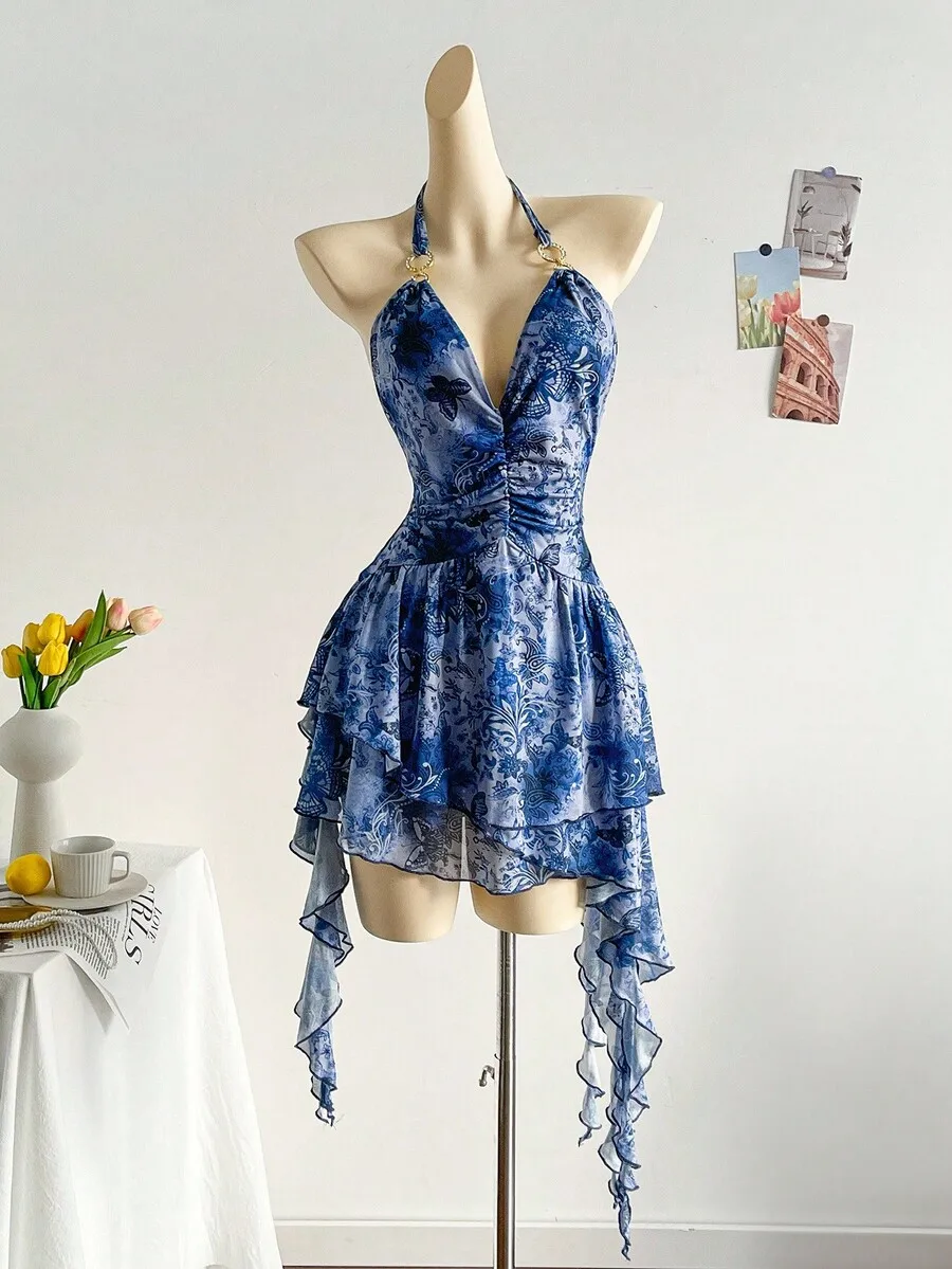 

Blue Floral Print Halter Neck Ruffled Mini Dress with Asymmetrical Hem