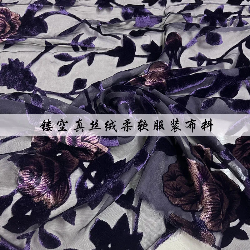 Designer Cloth Real Velvet Fashion Purple on Black Ground Flower Hollow-out Semi-Transparent Etched-out Silk Fabric Dress Shirt