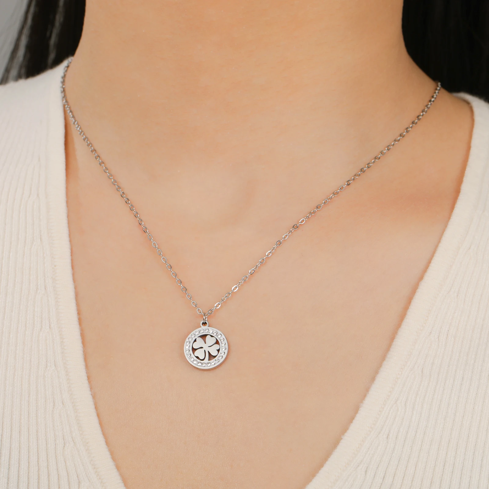COOLTIME Mode Klee Runde Anhänger Halskette Edelstahl Elegante Zirkon Charme Halskette für Frauen Schmuck Geschenk 2026 Neue – Detail 11