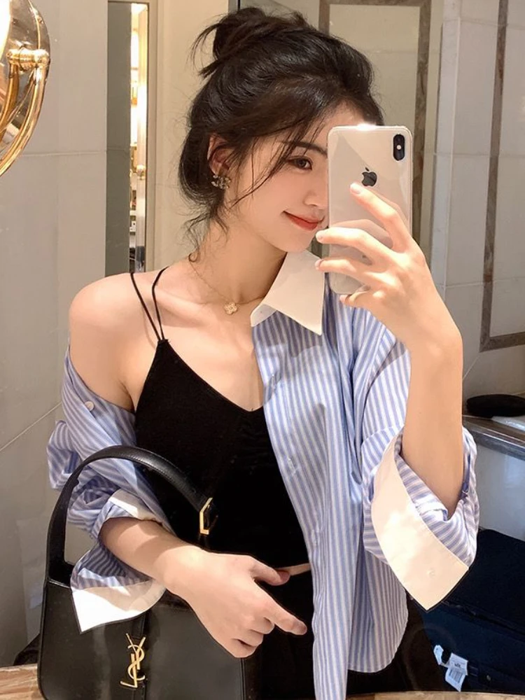 Striped Shirts Women Crop Temperament Design Retro Daily All-match Office Ladies Korean Style Spring Simple Loose Basic Panelled