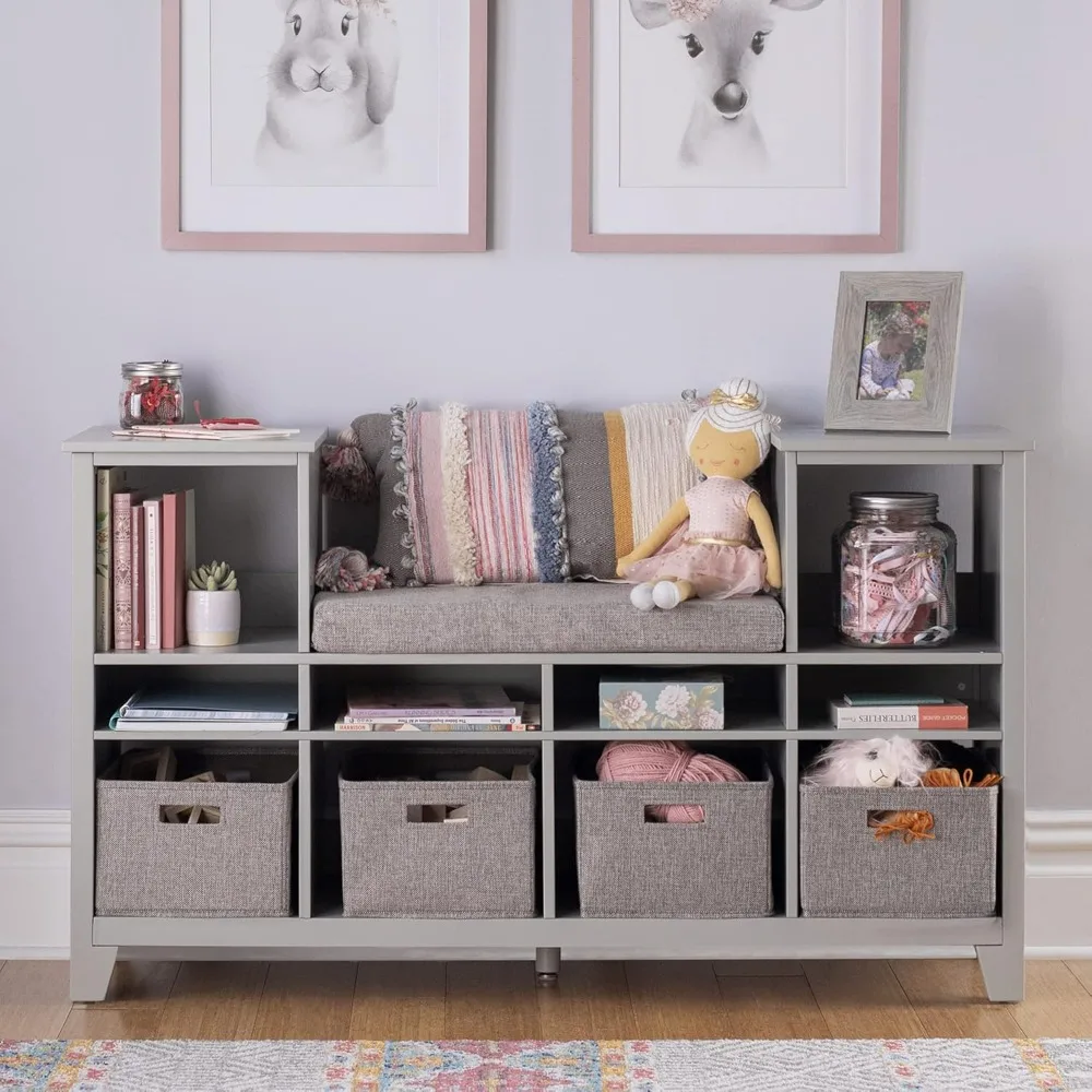 

Children's Reading Corner - Grey: Wooden storage bench bookshelf with seat cushion, bookshelf, and fabric box