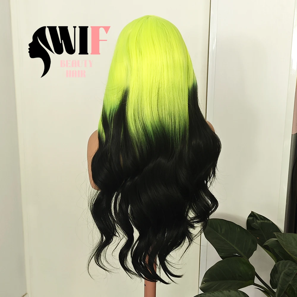 WIF أومبير النيون اللون شعر مستعار اصطناعي النيون الأخضر الجذر شعر أسود فضفاض متموج ألياف الحرارة الدانتيل الجبهة الباروكات للنساء تأثيري ماكياج استخدام