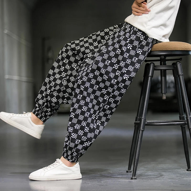 Chinese Style Ice Cotton Casual Pants Men Summer Breathable Thin Section Harem Pants Comfortable Loose Plaid Pants