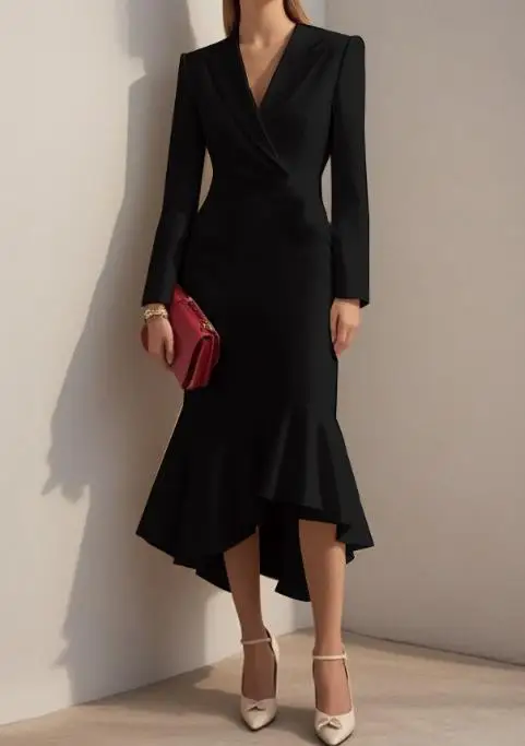 

Women's Slim Fit Hip Hugging Fish Tail Dress Autumn 2025 New Temperament Waist Cinching Suit Collar Fashionable Gown