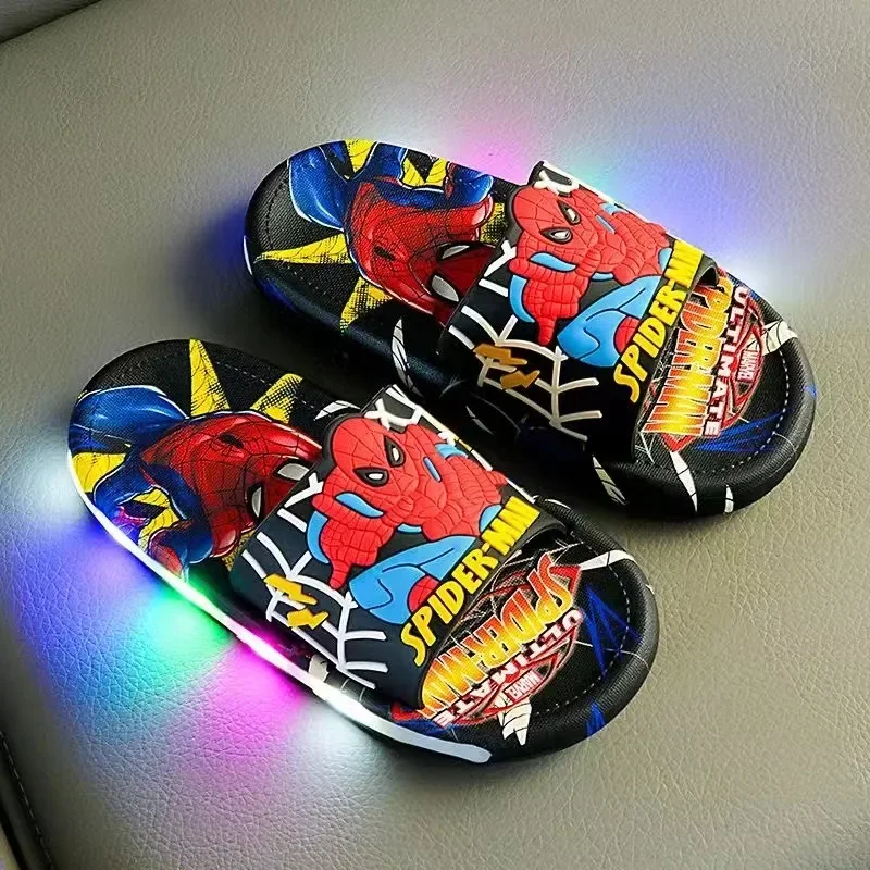 Summer Children LED Light Slippers Baby Boy Girl Cartoon Spiderman Print Kids Indoor Non-slip Soft Infant Beach Shoes Size 24-35