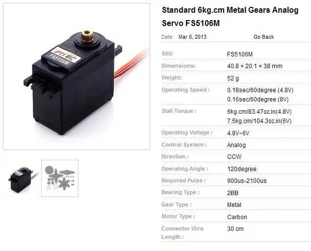 Fitec FS5106M Servomotor de engrenagem de metal padrão 7,5 kg para hobby RC para robôs carros drones GPS certificado por RoHS
