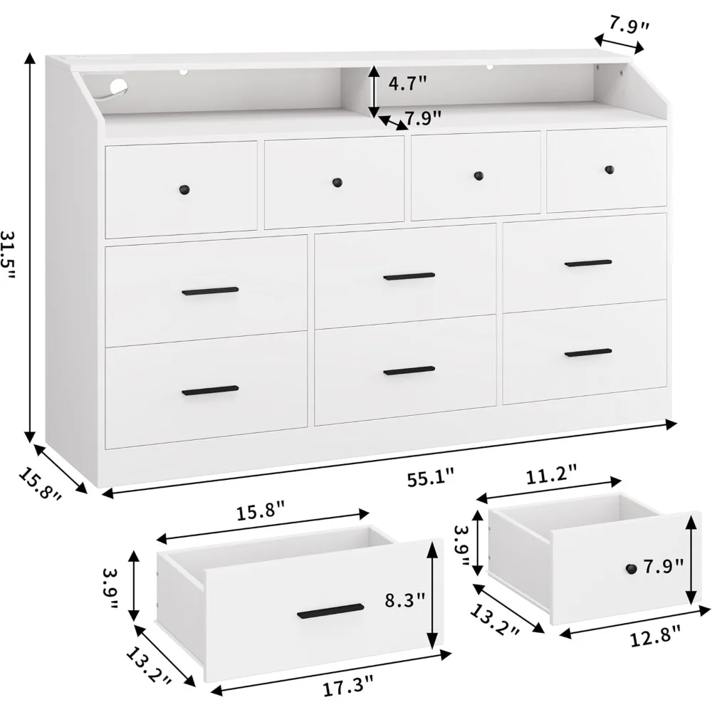 خزانة ملابس مقاس 55 بوصة ذات 10 أدراج مع قاعدة شحن وإضاءة LED - خزانة تخزين خشبية للمزرعة لغرفة النوم والمدخل والمكتب - S