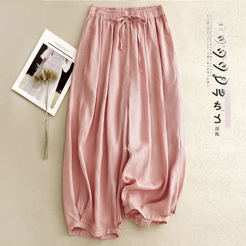 High-End  Color Lyocell Linen Loose Casual Nine-Piece Pants plus Size Women's High Waist Slimming Wide Leg Harlan Lanter...