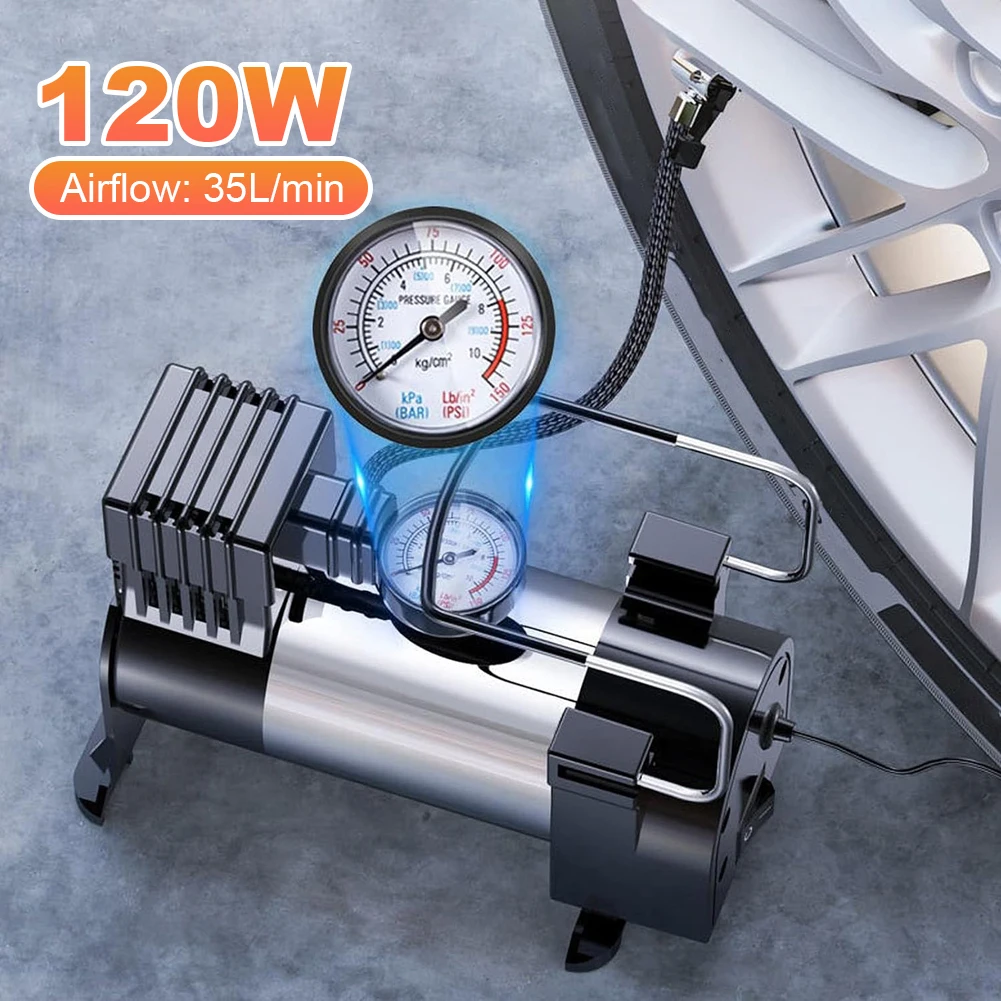 12V Car Tire Pump with Pressure Gauge Car Electric Air Pump Mini Air Compressor Heavy Duty Deluxe Portable Metal Air Compressor