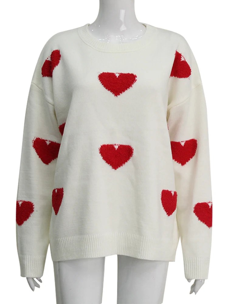 Ahagaga Knitted Fashion Heart Printed Sweaters Cute Sweet Regular Casual Full Sleeve O-neck Pullovers Loose Sheath Tops Women