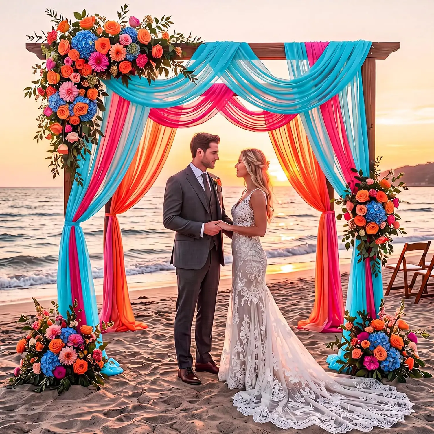 3pcs Sheer Chiffon Wedding Arch Draping Backdrop Curtain Hot Pink Orange Blue Voile for Wedding Party Bridal Shower Decoration