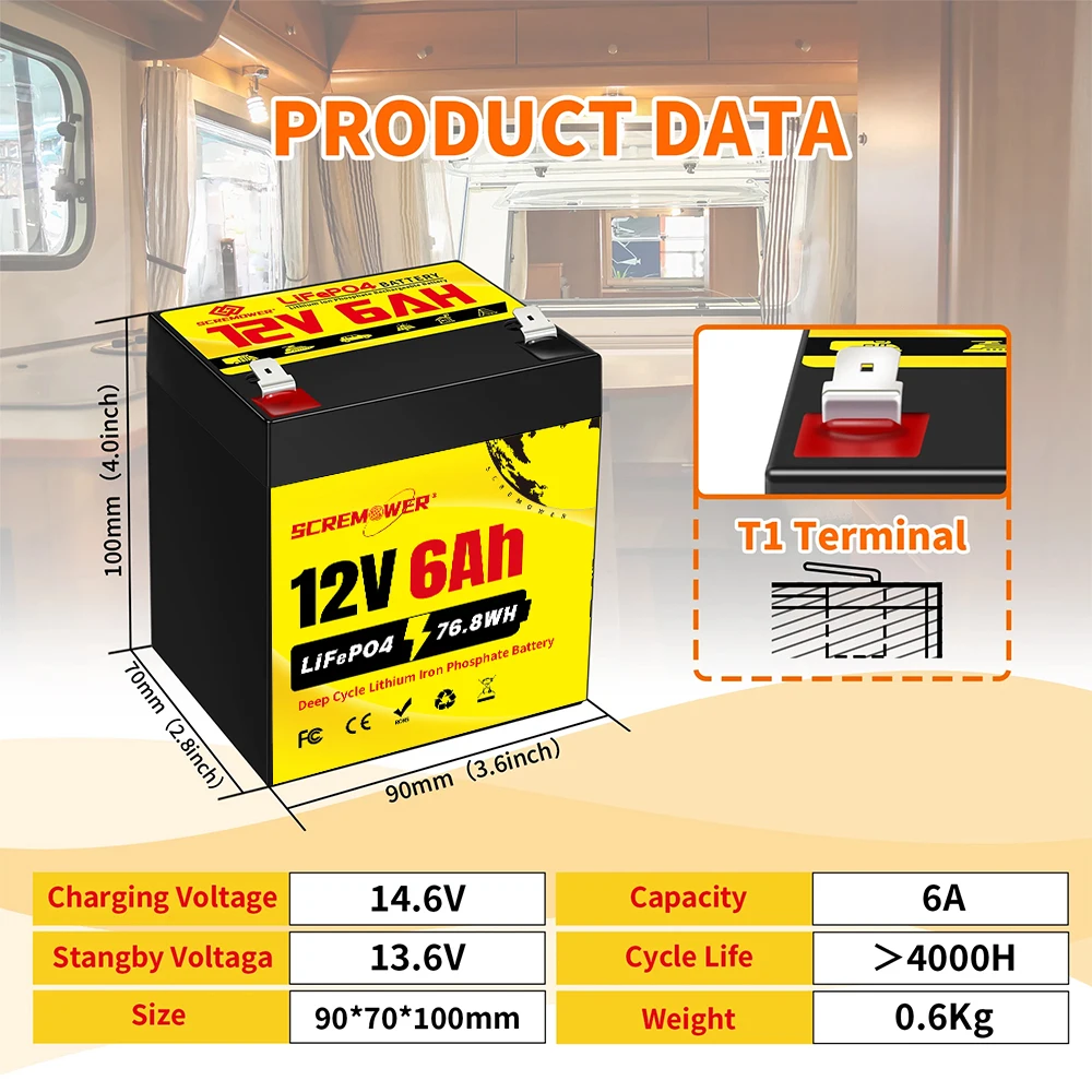 

12V 6Ah LiFePo4 Battery 76.8Wh Lithium lon Phosphate Rechargeable Battery Deep Cycle Built in BMS for Kid Scooters Boat Motor