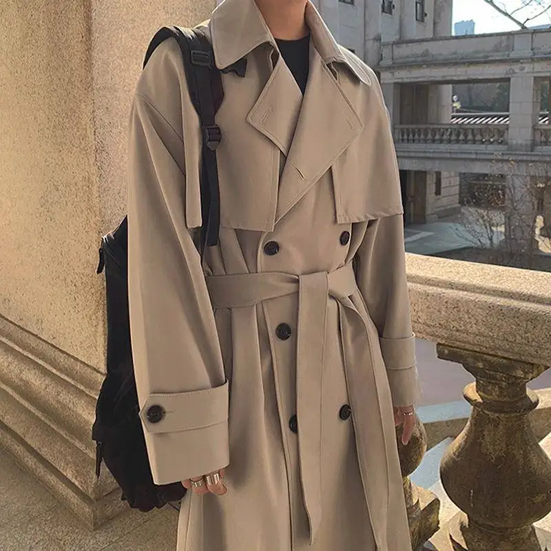 

Korean Style Men's Long Casual Oversized Double Breasted Coat Spring Autumn Leisure Outerwear Versatile Knee-Length British S...
