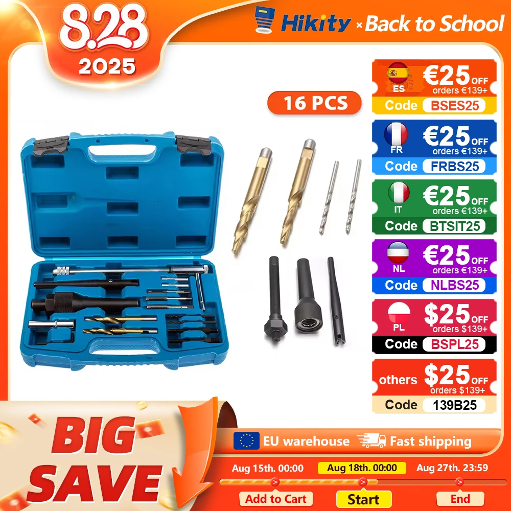 Hikity 16 pezzi Strumento per la rimozione dei candelette Estrattore per candelette Set di strumenti di riparazione per teste cilindriche Kit per la rimozione dei candelette da 0,3 pollici 0,4 pollici