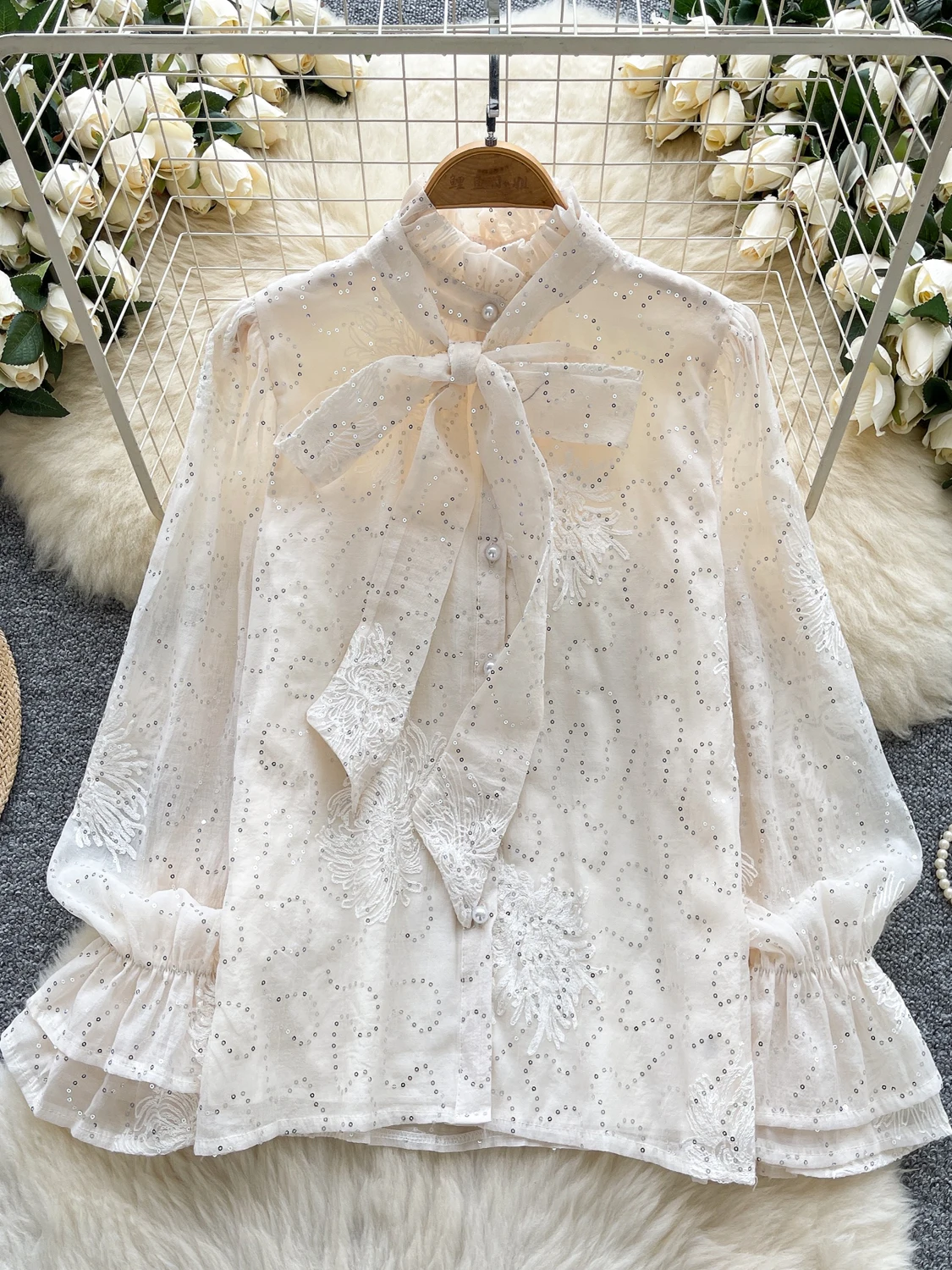 

Sweet Court Sle Heavy Embroidery Knot Flared Sve irt Women's Versatile Slimming Base Layer Top Sparkling