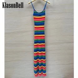 5.8 KlasonBell Rainbow Contrast Color Spaghetti Strap Dress Temperament Sexy Backless Twist Knit Pencil Long Dress