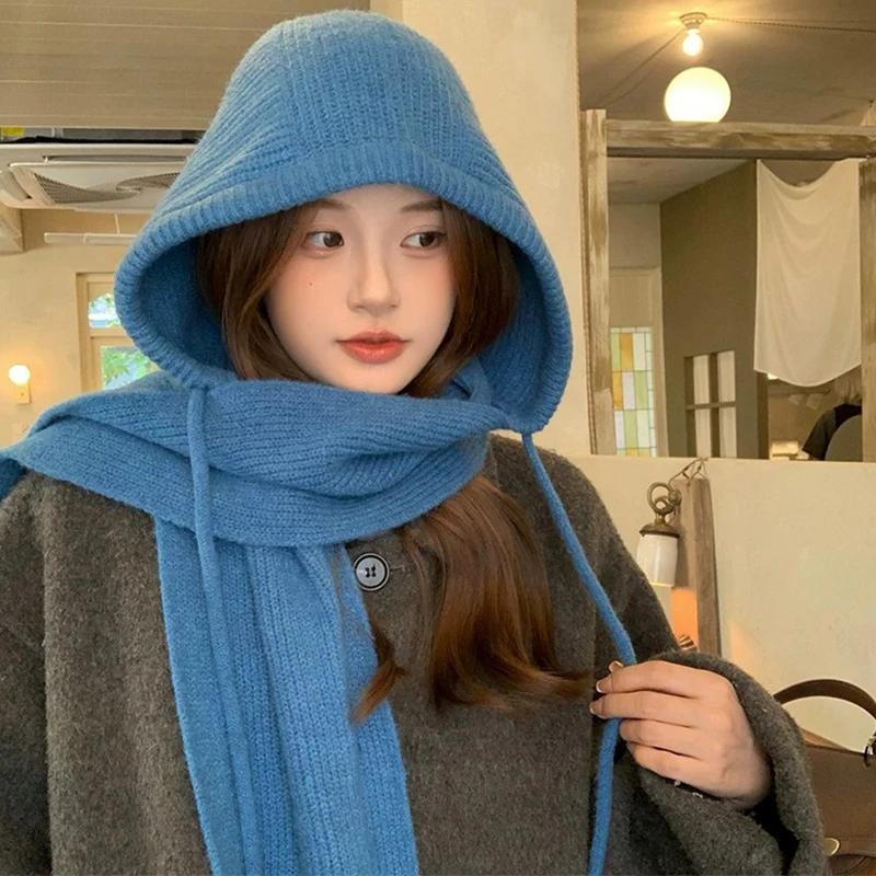 Retro One-piece Wool Hooded Scarf for Women Knitted Balaclava Luxury Winter Warm Hat Scarf Shawls Lady Soft Wraps Neckerchief