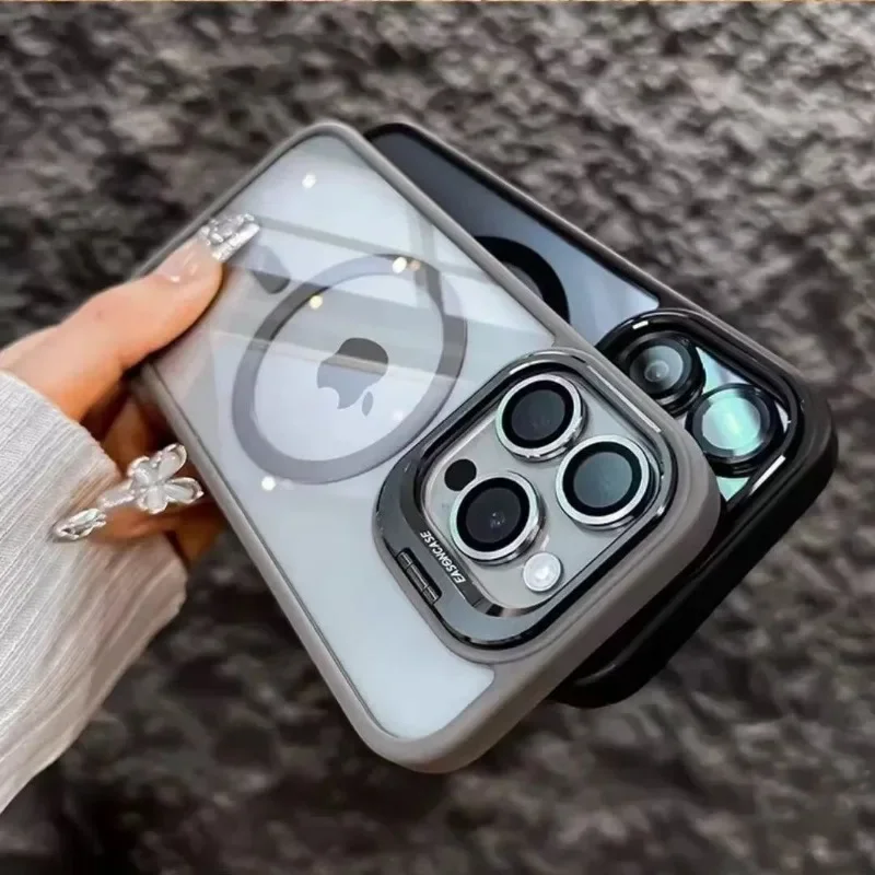 Luxury Lens Stand Clear Phone Case for iPhone 16 15 14 Plus 13 12 Pro Max 11 With Lens Film Protect Back Magnetic Cover Funda