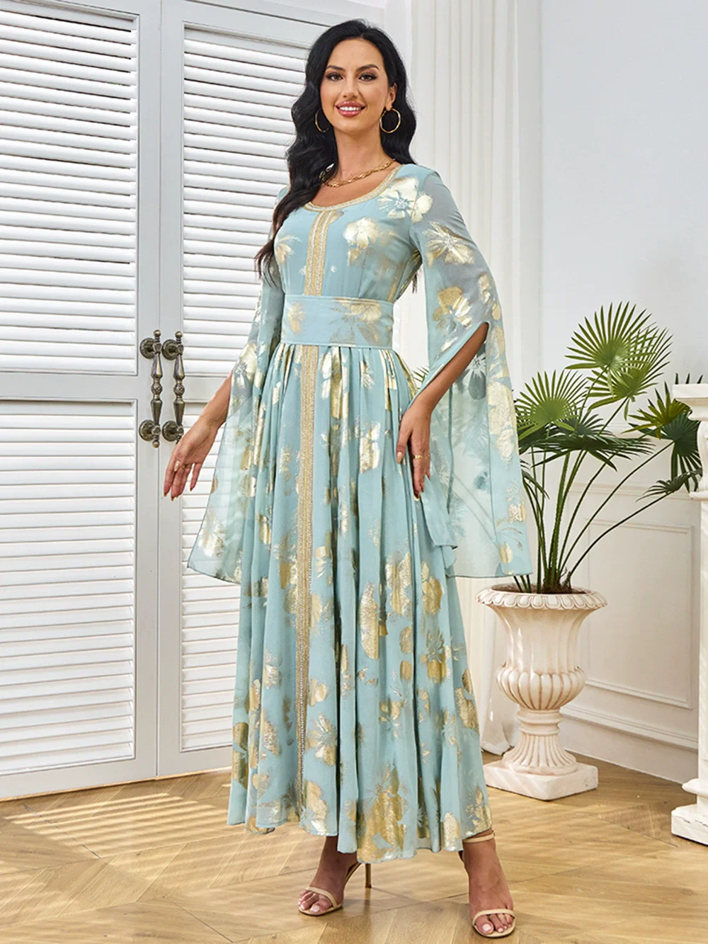 فستان عباية عصرية بأكمام مقسمة وختم ساخن في الشرق الأوسط إسلامي فاخر على الموضة رداء طويل تنورة نسائية طويلة