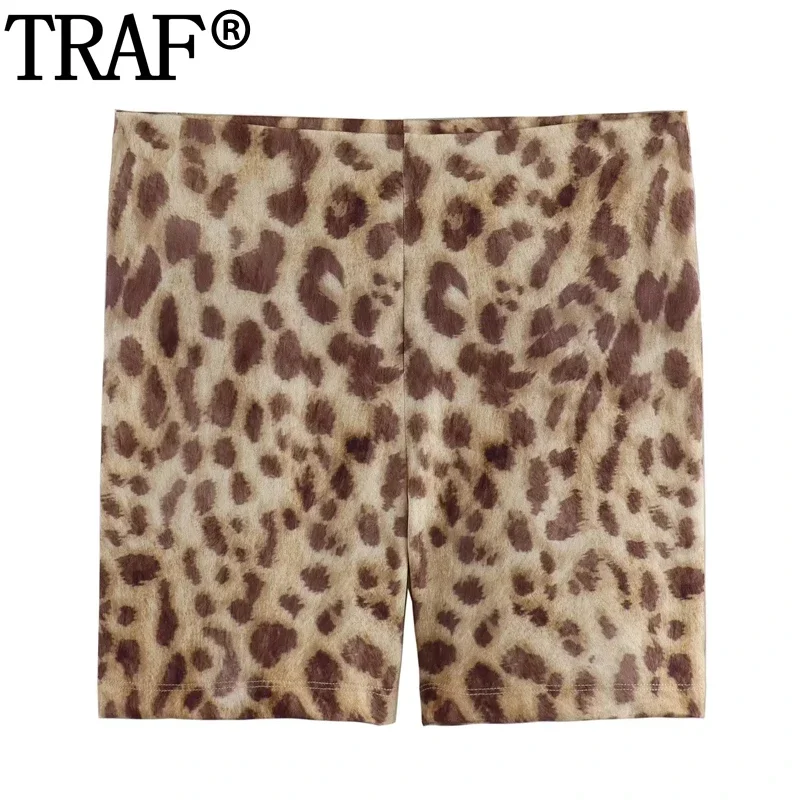 

TRAF 2024 Print Leopard Shorts For Women Vintage High Waist Shorts Skinny Beach Woman Shorts Streetwear Summer Women's Short