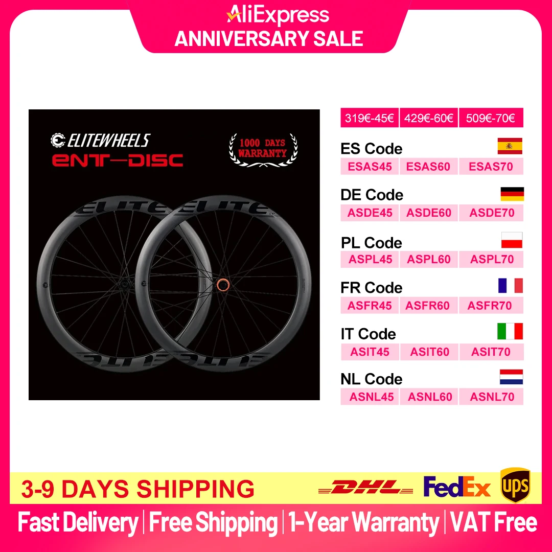 Roues ELITEWHEELS, frein à disque, 700C, jeu de roues de vélo, qualité UCI, jante en carbone, blocage central, cyclisme sur route