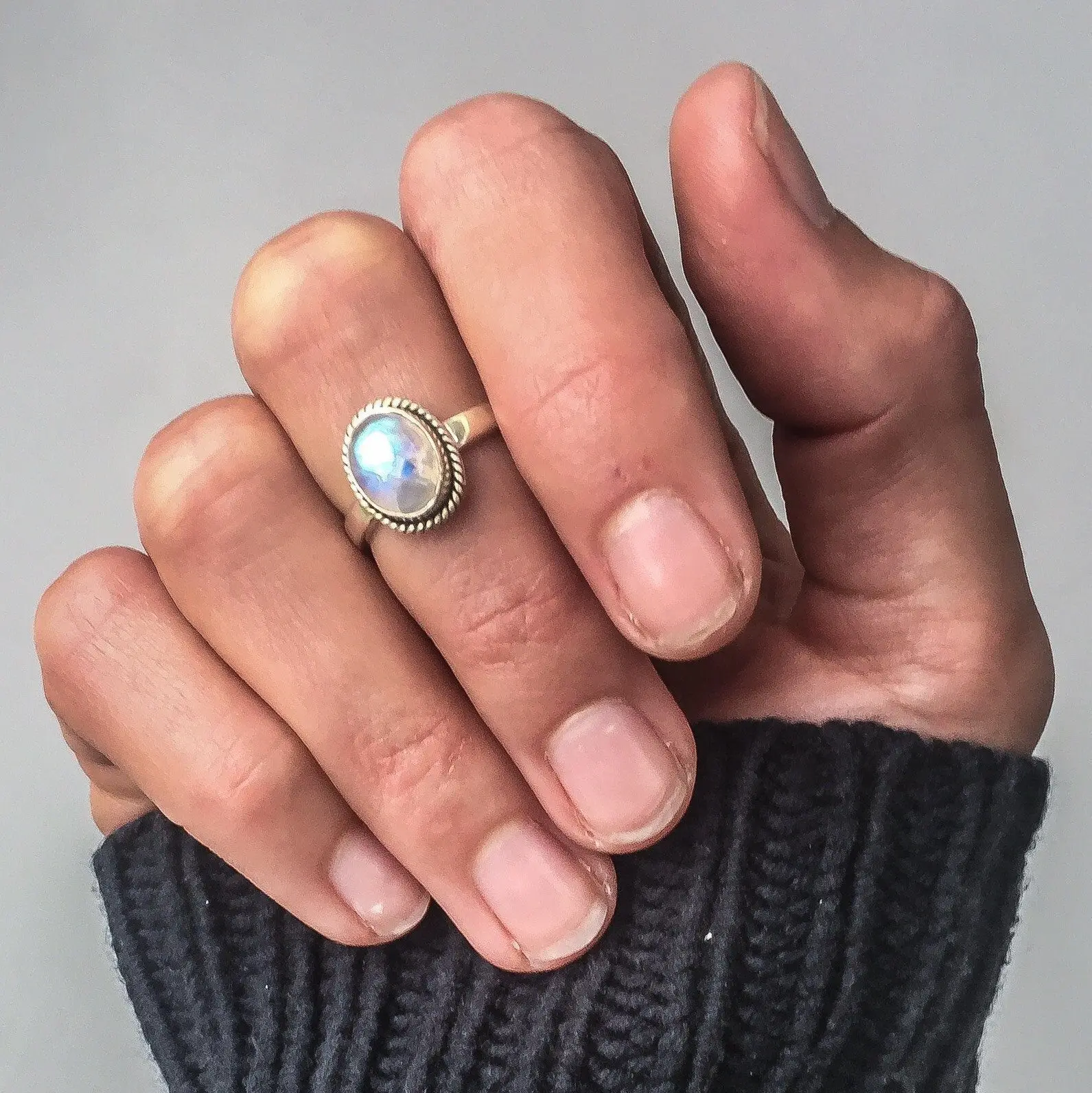 S925 Sterling Silver Ring Vintage Thai Silver Inlaid Synthetic Moonstone Silver Jewelry