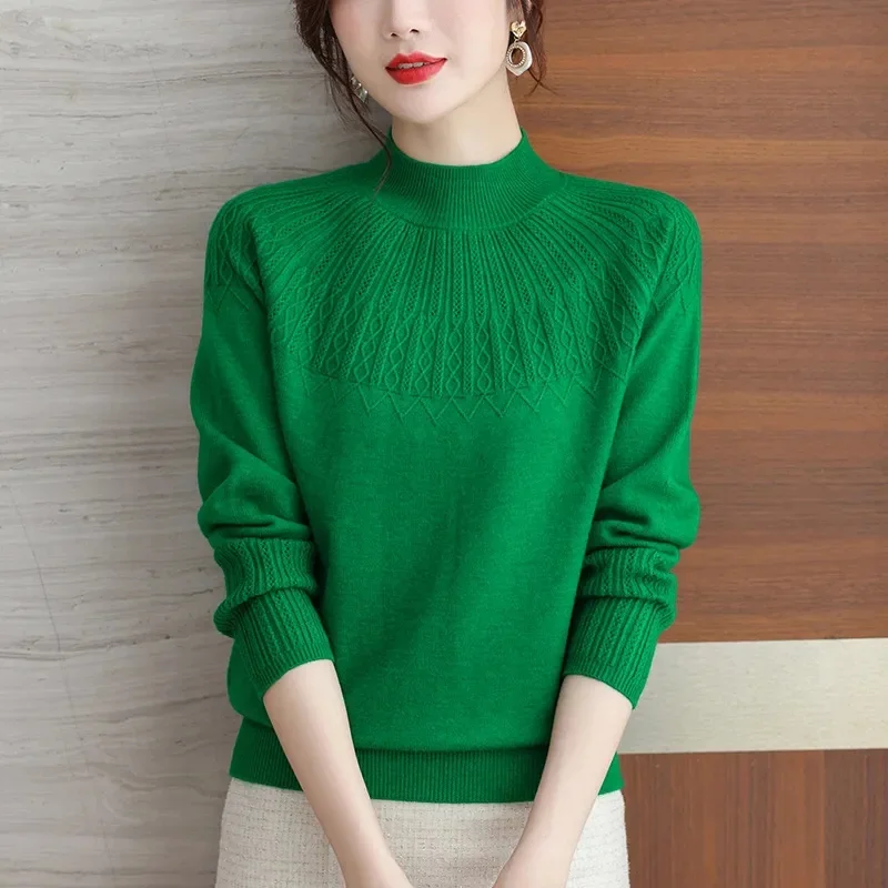 2024 Women Solid Half High Collar Cashmere Sweater Autumn Winter Loose Knitted Wool Casual Sweater Bottoming Shirt