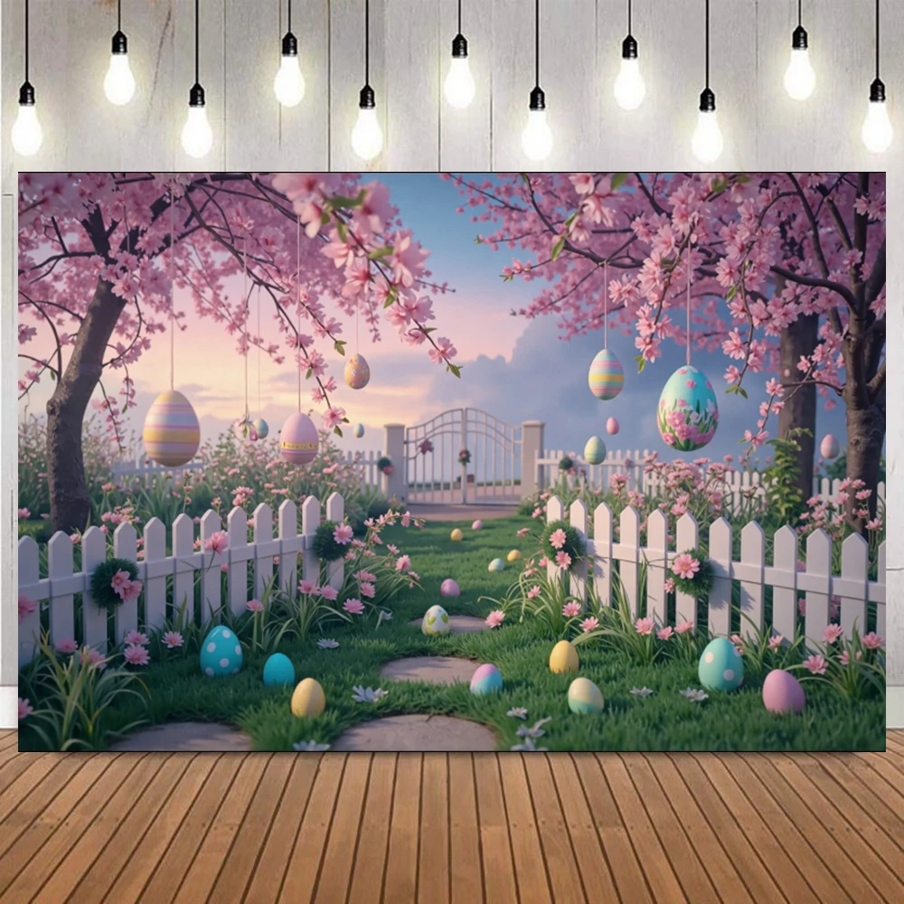 Cherry Blossom Easter Eggs White Fence Garden Backdrop Kids Birthday Party Portrait Baby Shower Home Decor Photograph Background