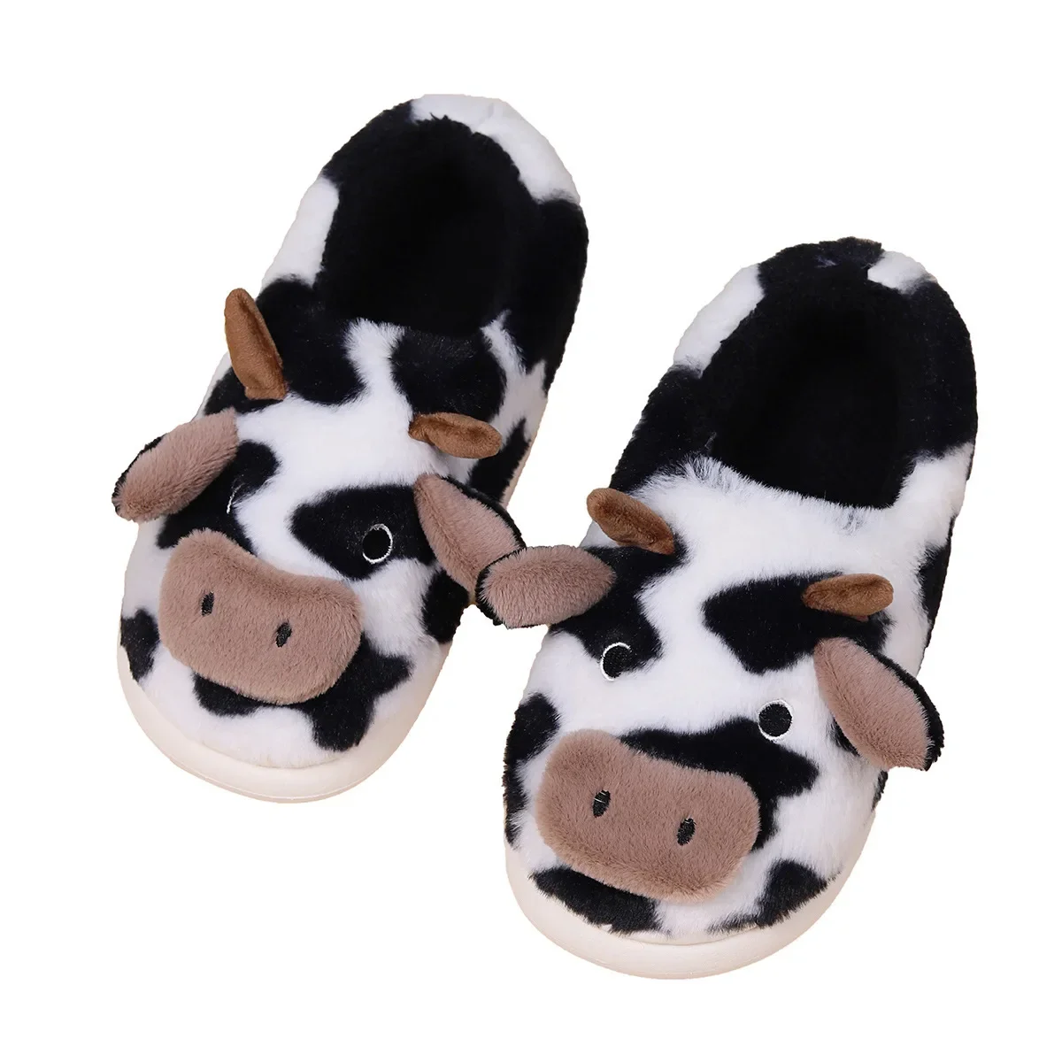 Pantoufles moelleuses en peluche de dessin animé de vache pour femmes et filles, chaussures plates, chaudes, décontractées, grande taille, maison, designer, hiver, 2024