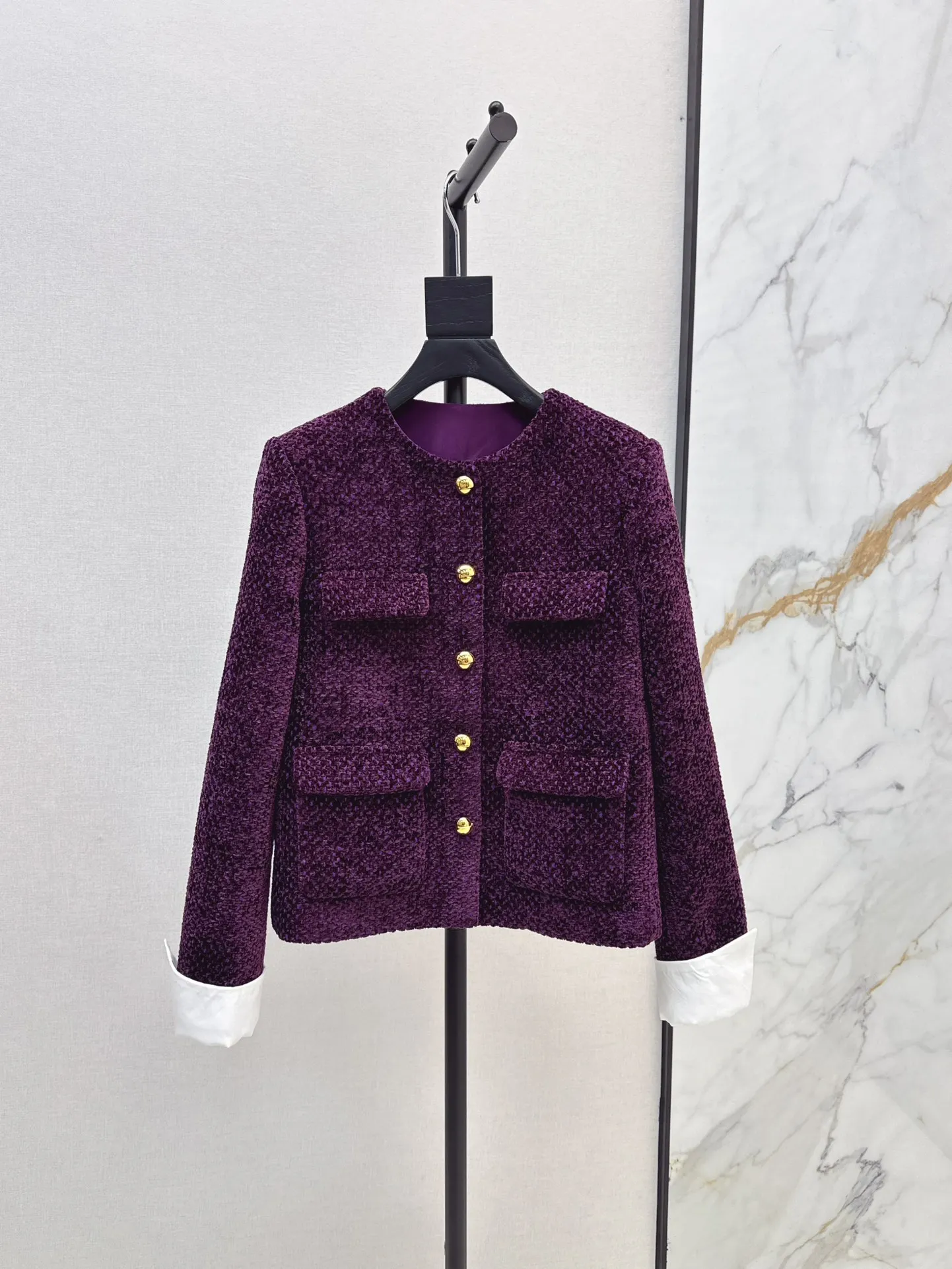 2024 Autumn New High Quality Women's Clothing Elegant grape purple rough tweed patchwork jacket 0907